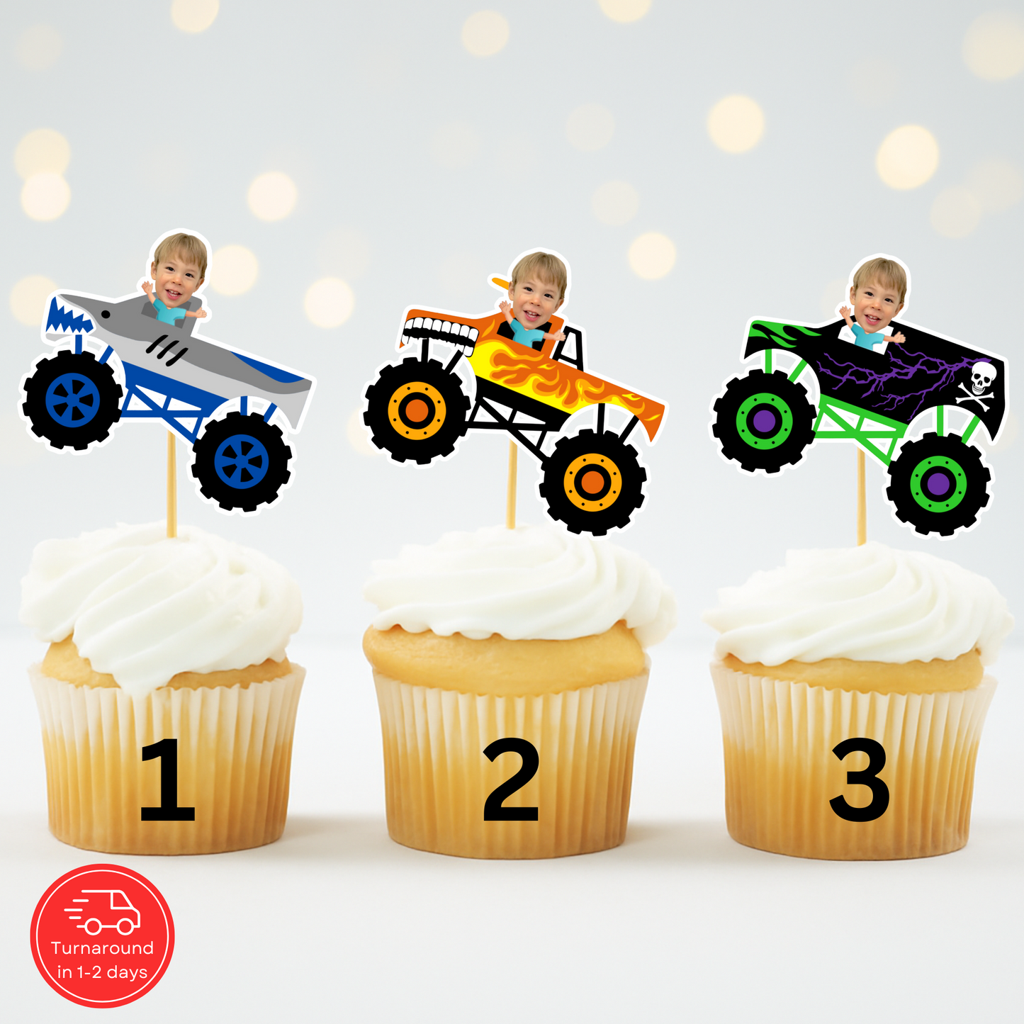 Custom Monster Truck Face Cupcake Topper – Birthday Party Decor