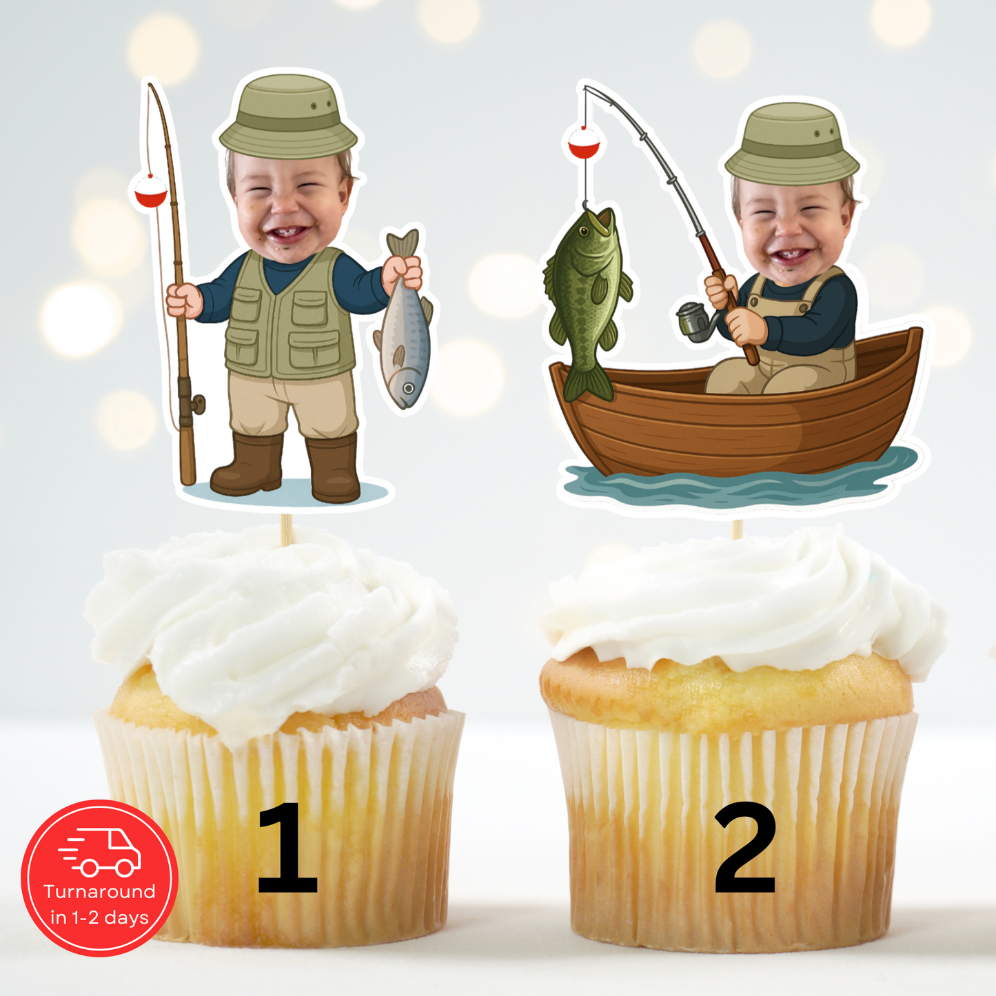 Ofishally One Fishing Cupcake Topper – Custom Face 1st Birthday Decor