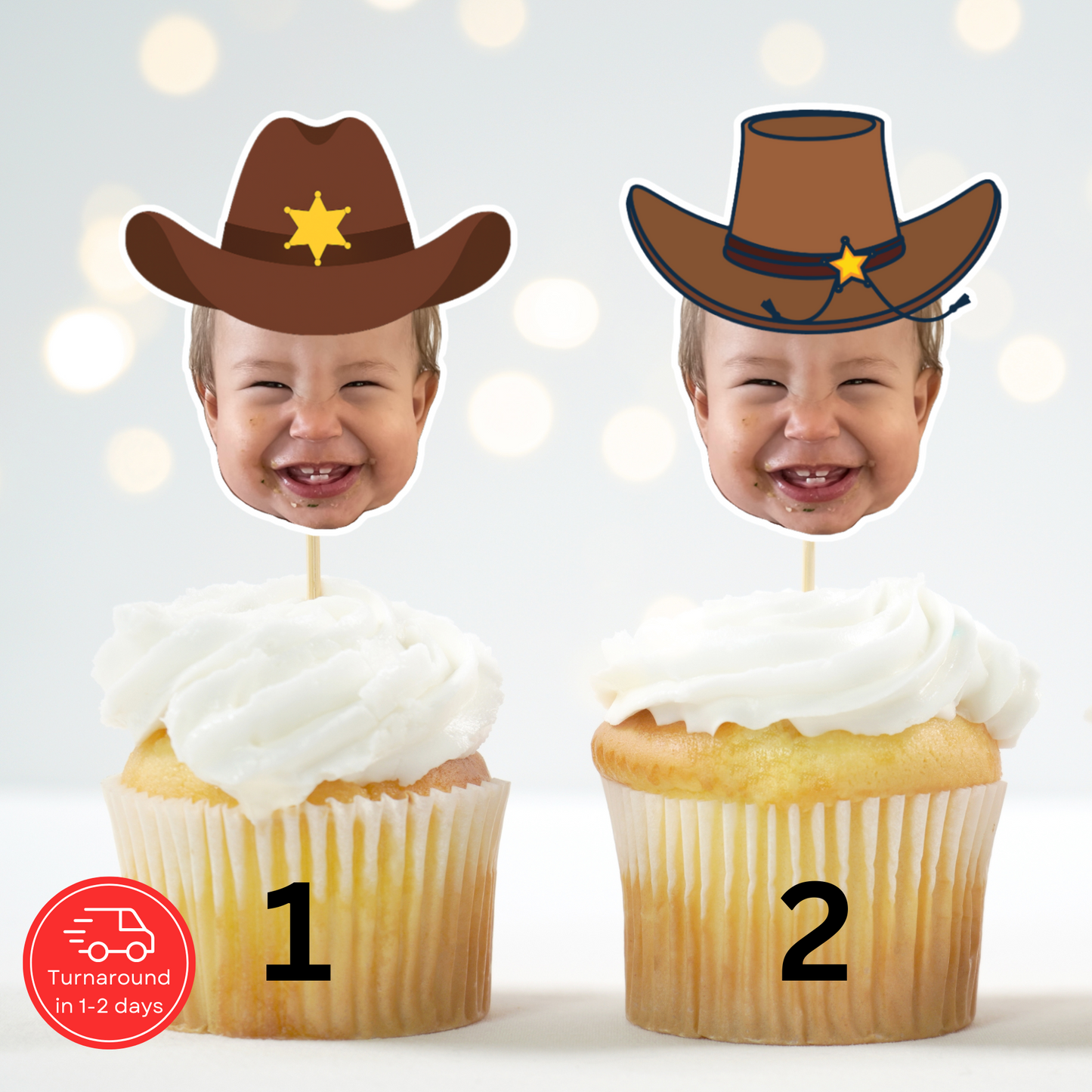 Custom Cowboy Cupcake Toppers with Photo - 1st Rodeo Birthday