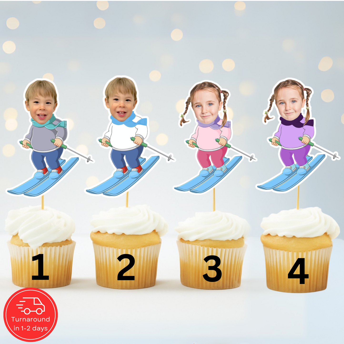 Ski Theme Birthday Cupcake Topper – Custom Face Winter Party Decor