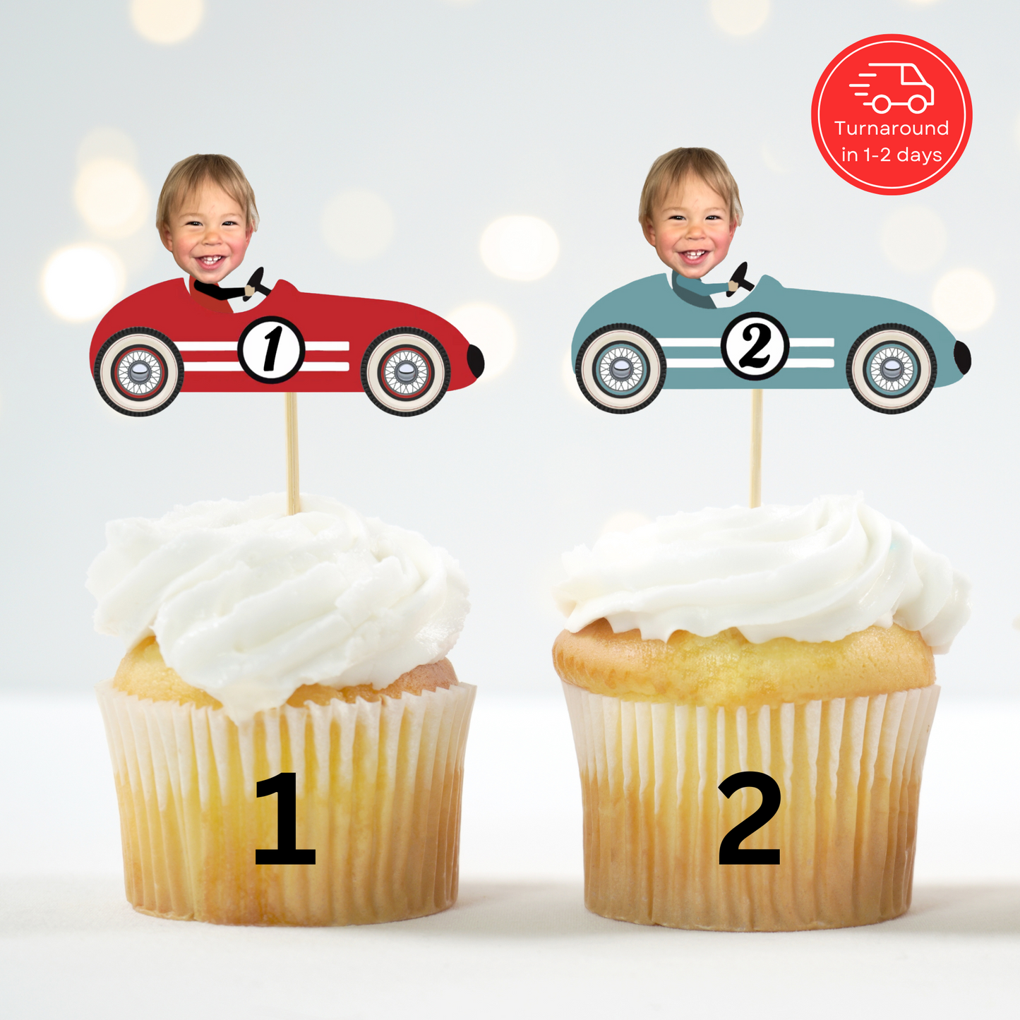 Vintage Race Car Stripes Two Fast Cupcake Topper – Personalized Birthday Party Decor