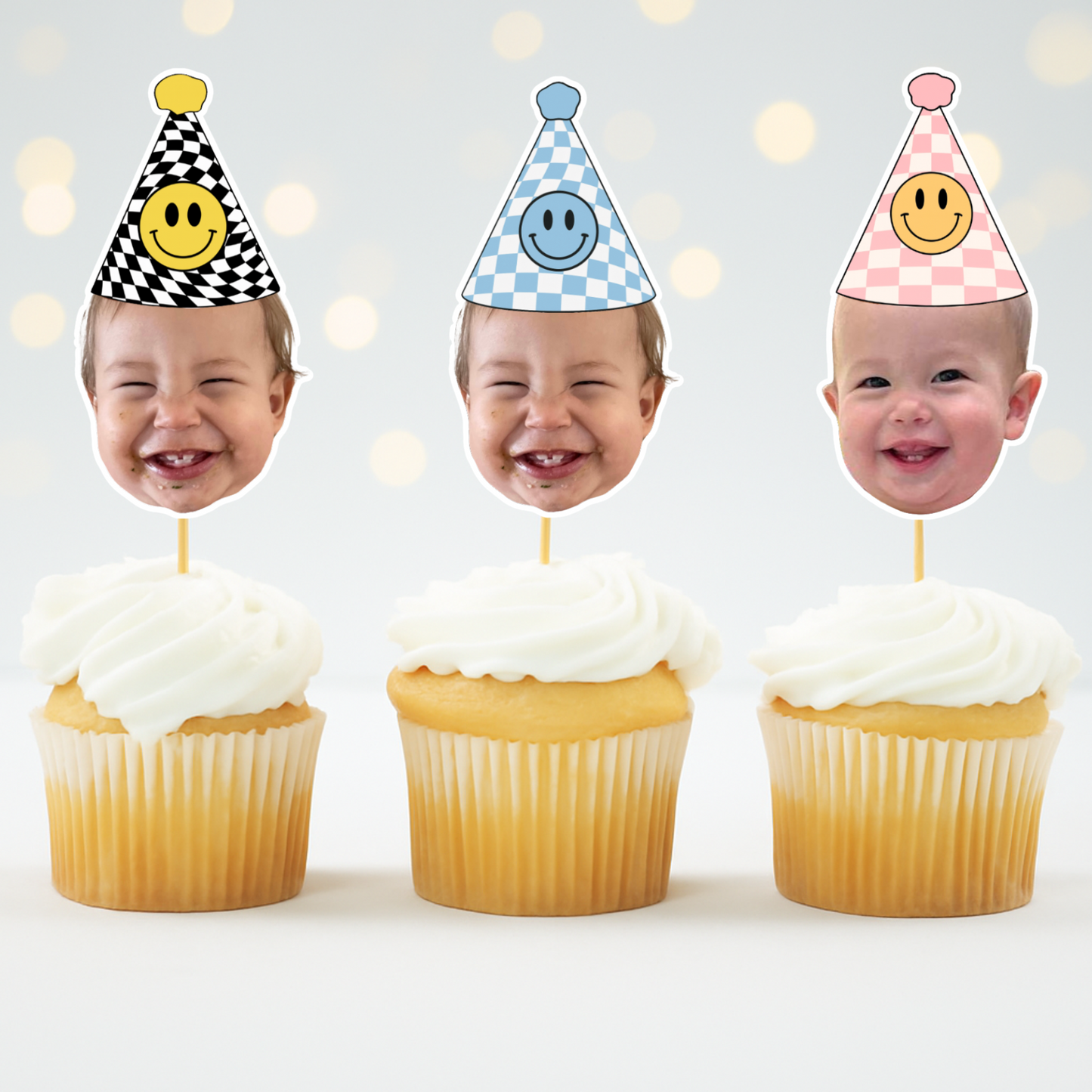 Custom Happy Dude Birthday Hat Cupcake Toppers - Face Photo Party Decoration