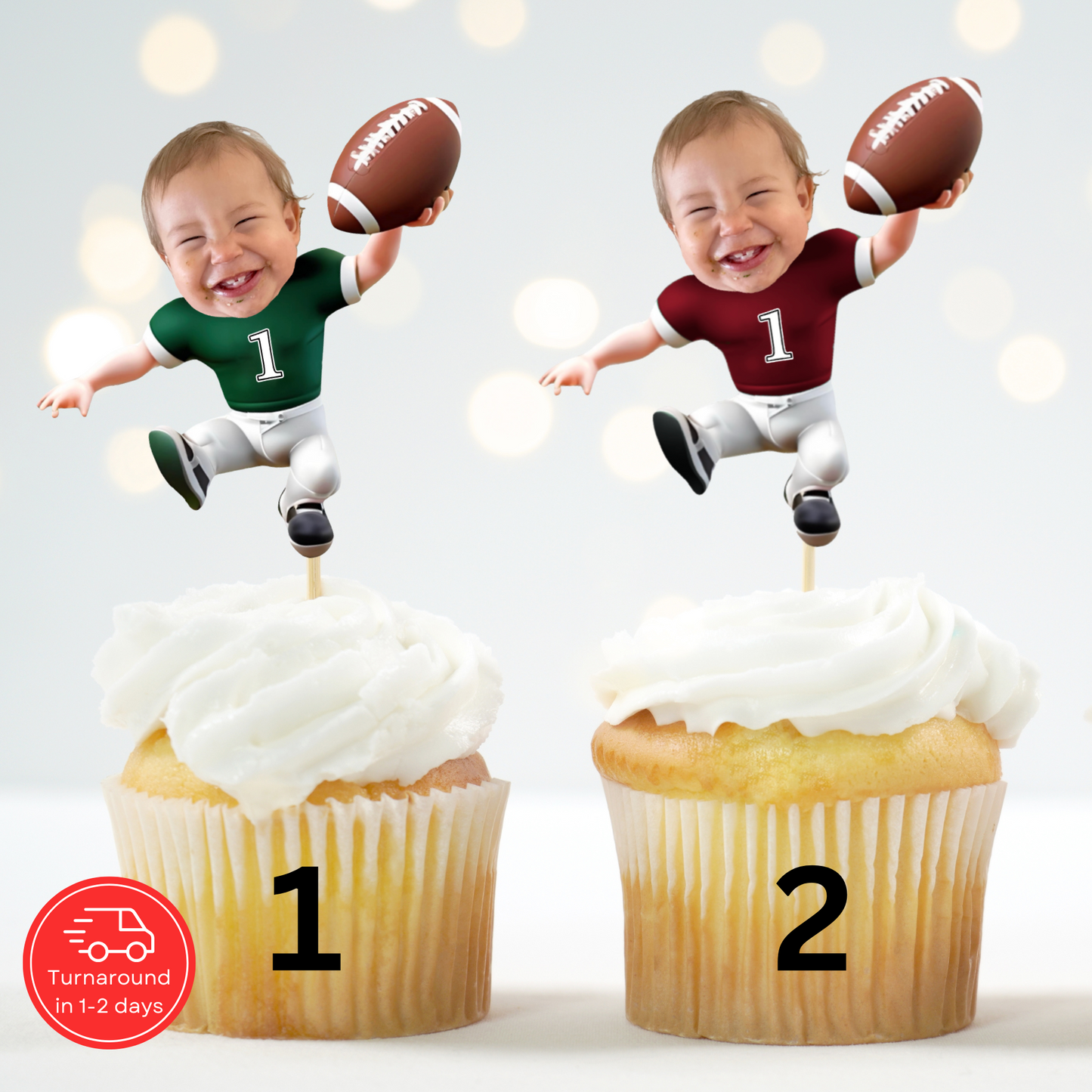 Football Cupcake Topper – Personalized First Down Birthday Party Decor