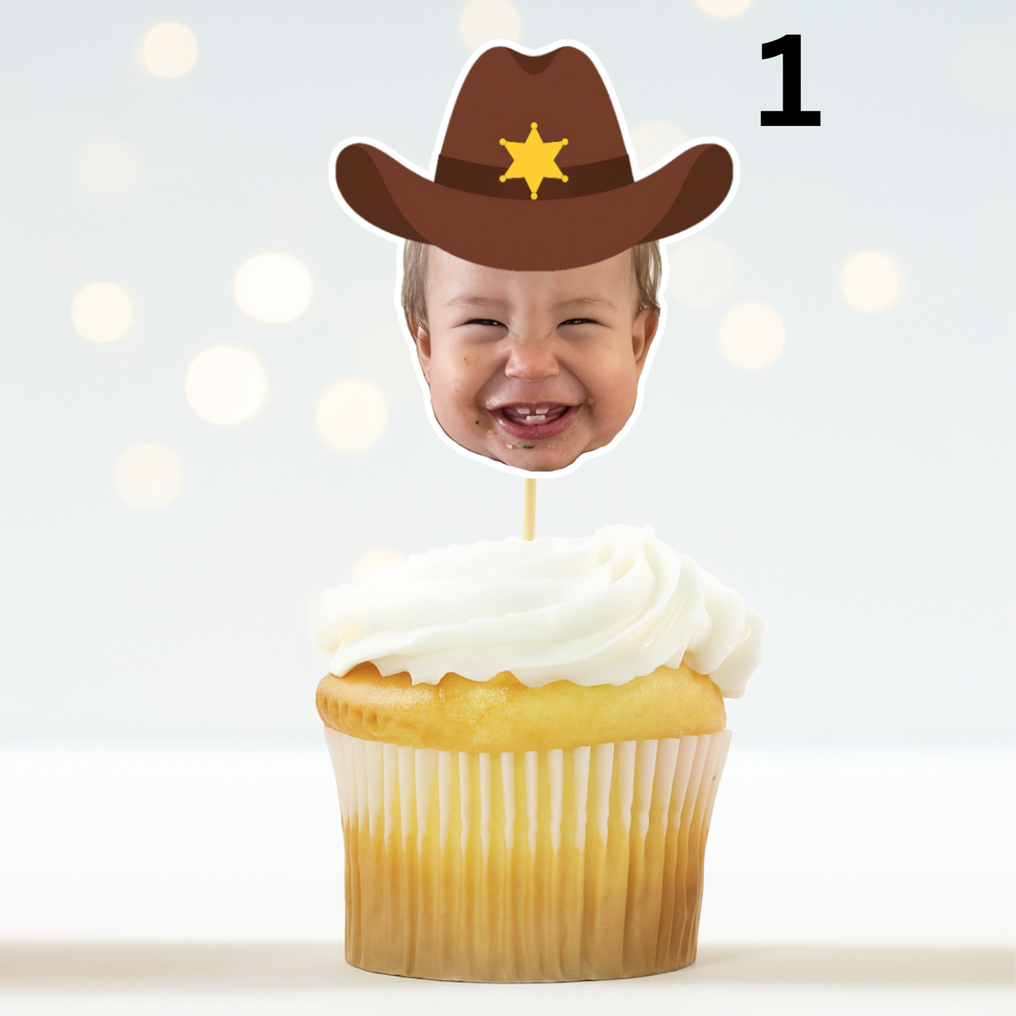 Custom Cowboy Cupcake Toppers with Photo - 1st Rodeo Birthday
