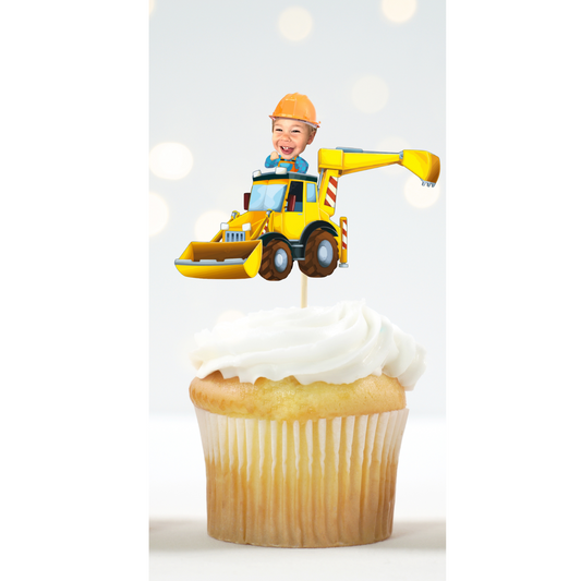Excavator Cupcake Topper with Custom Photo – Construction Theme Party