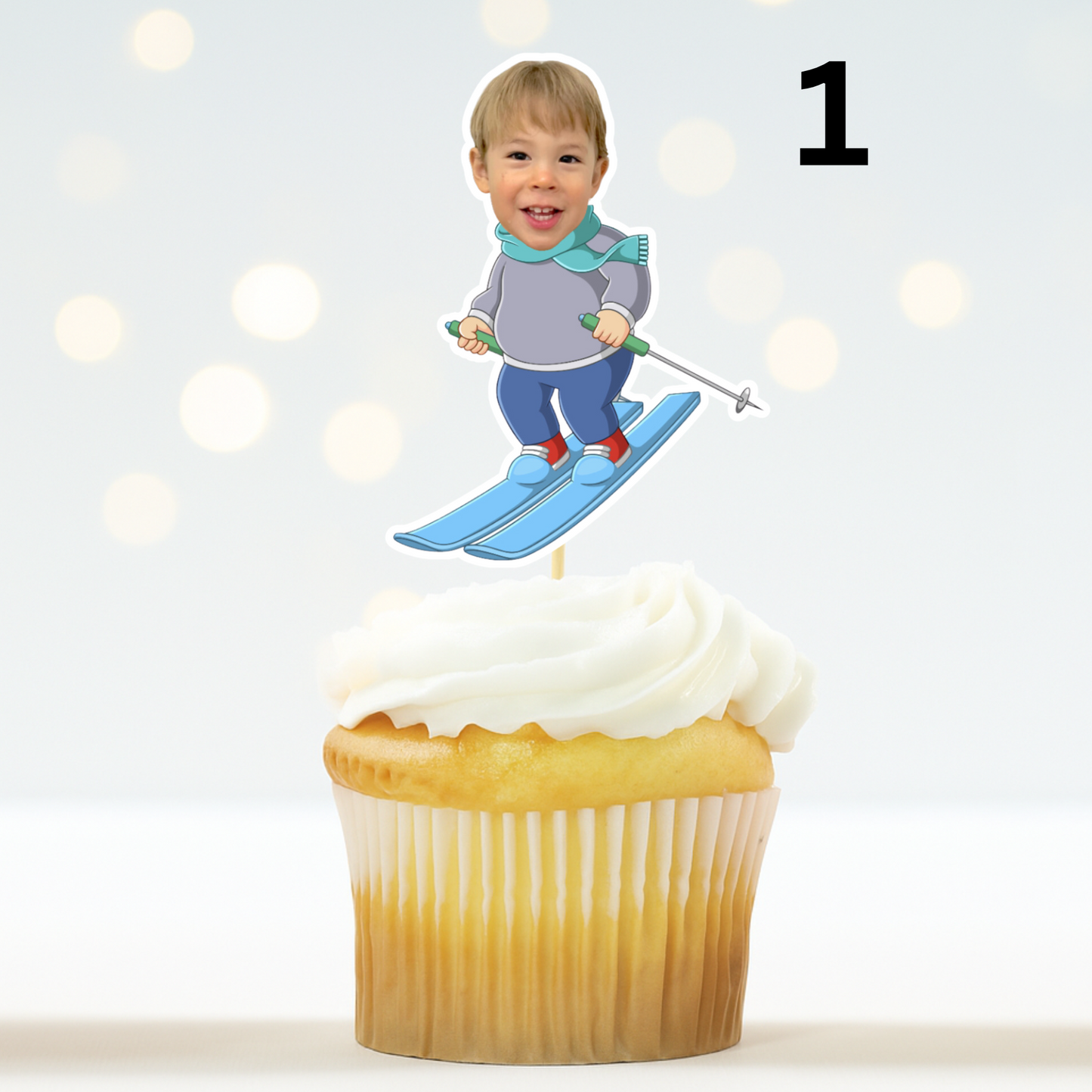Ski Theme Birthday Cupcake Topper – Custom Face Winter Party Decor