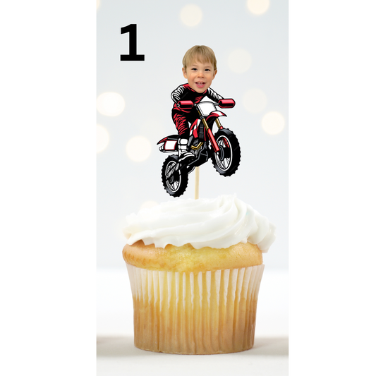 Motorcycle Party Cupcake Topper – Custom Photo Face Dirt Bike Topper