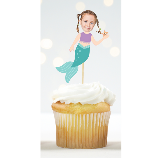 Custom Mermaid Cupcake Toppers with Photo - Under the Sea Birthday Decor