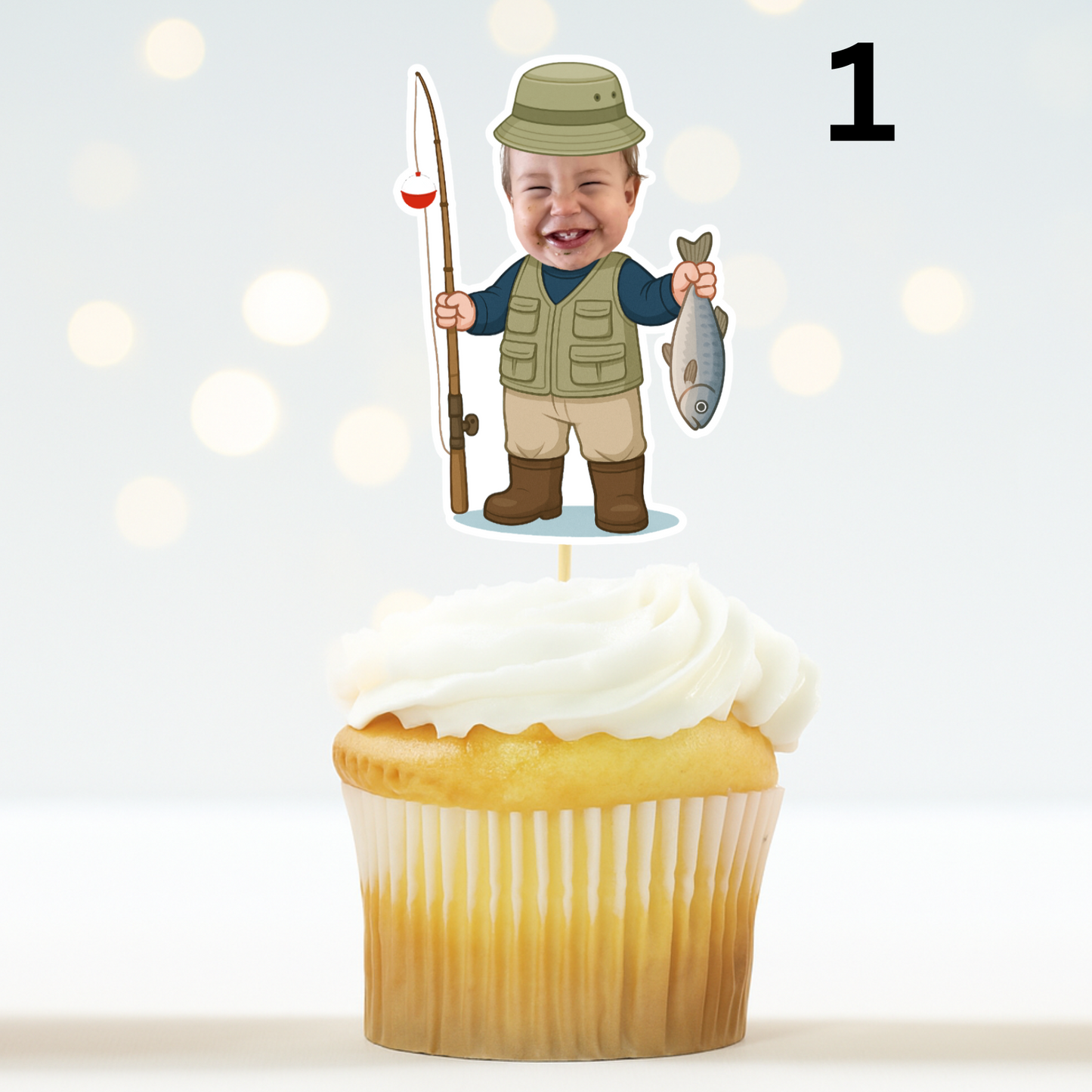 Ofishally One Fishing Cupcake Topper – Custom Face 1st Birthday Decor