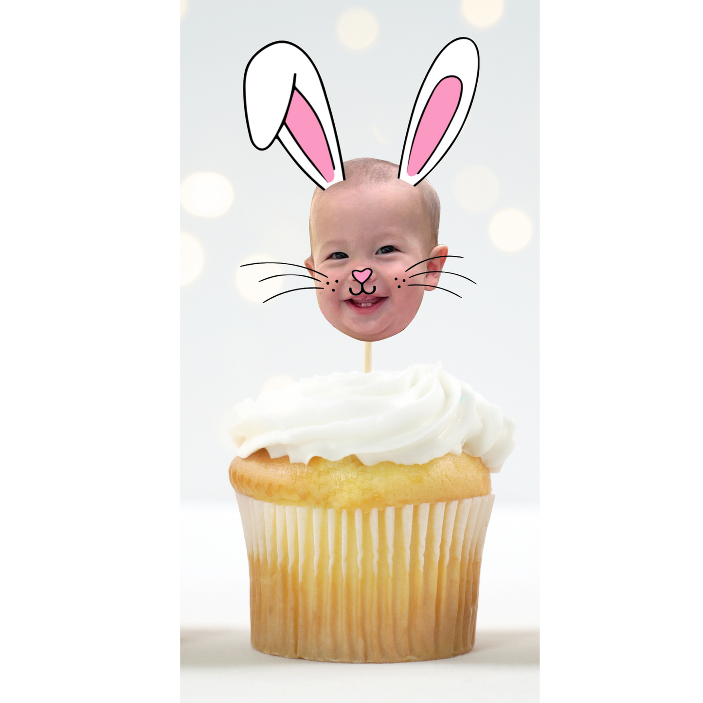 Personalized Bunny Face Cupcake Toppers – Easter & Birthday Decor