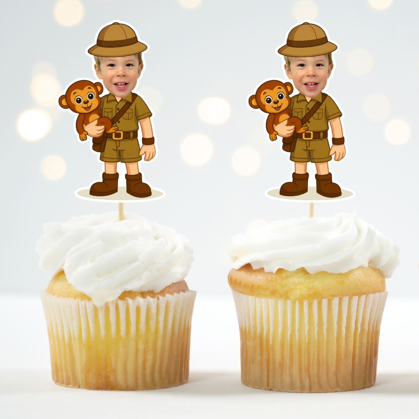 Custom Photo Safari Explorer with Monkey Cupcake Topper – Personalized Jungle Birthday Party Decoration