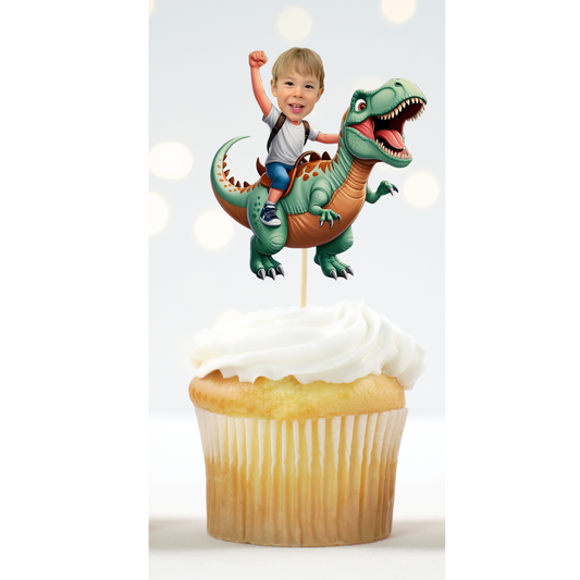 Custom Dinosaur Rider Cupcake Toppers with Photo - T-Rex Birthday Party Decor