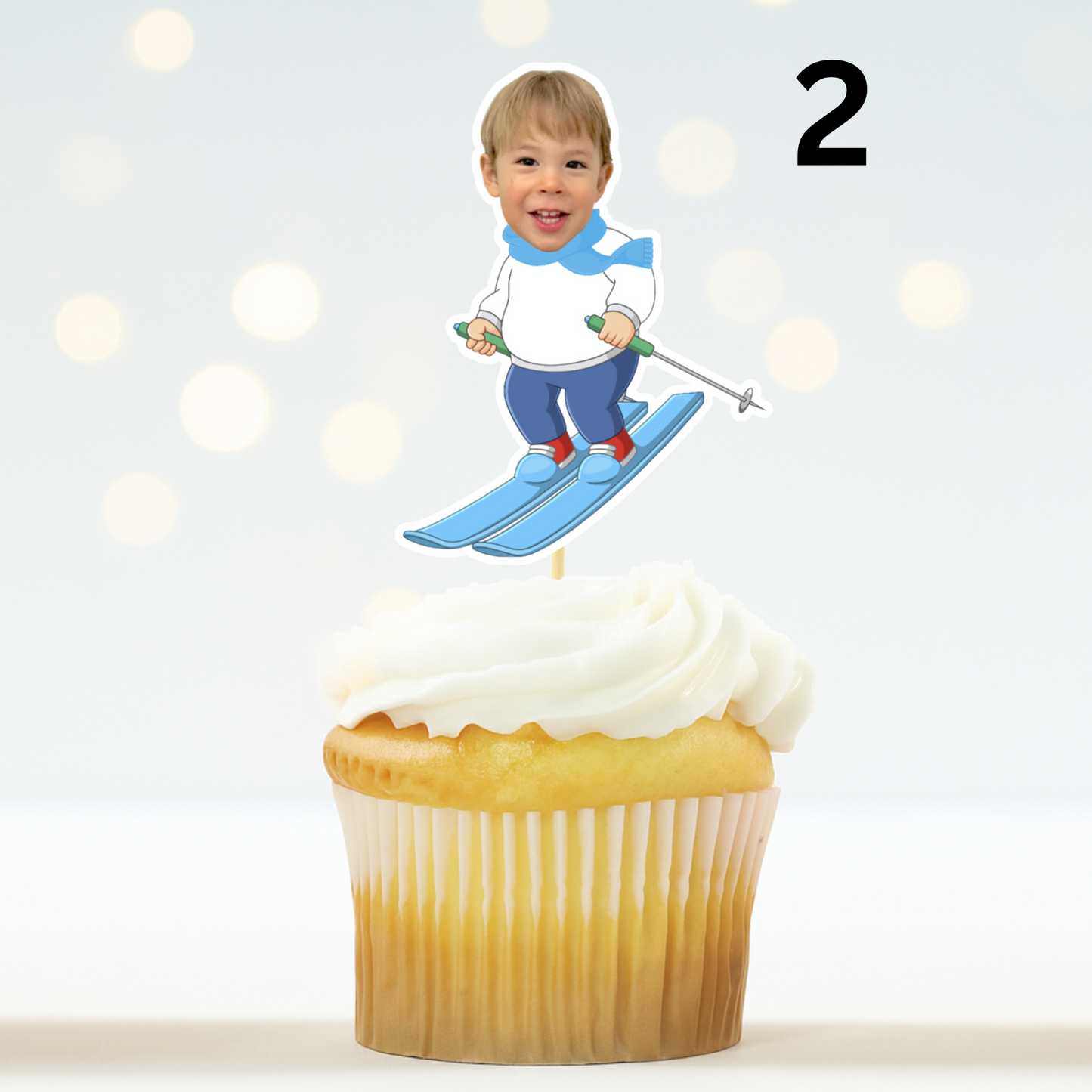 Ski Theme Birthday Cupcake Topper – Custom Face Winter Party Decor