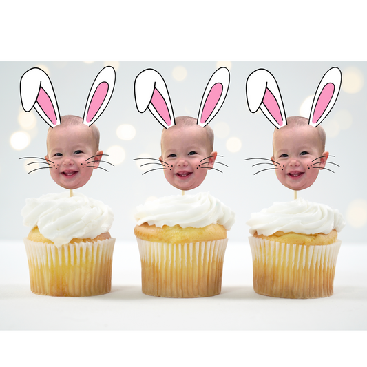 Personalized Bunny Face Cupcake Toppers – Easter & Birthday Decor