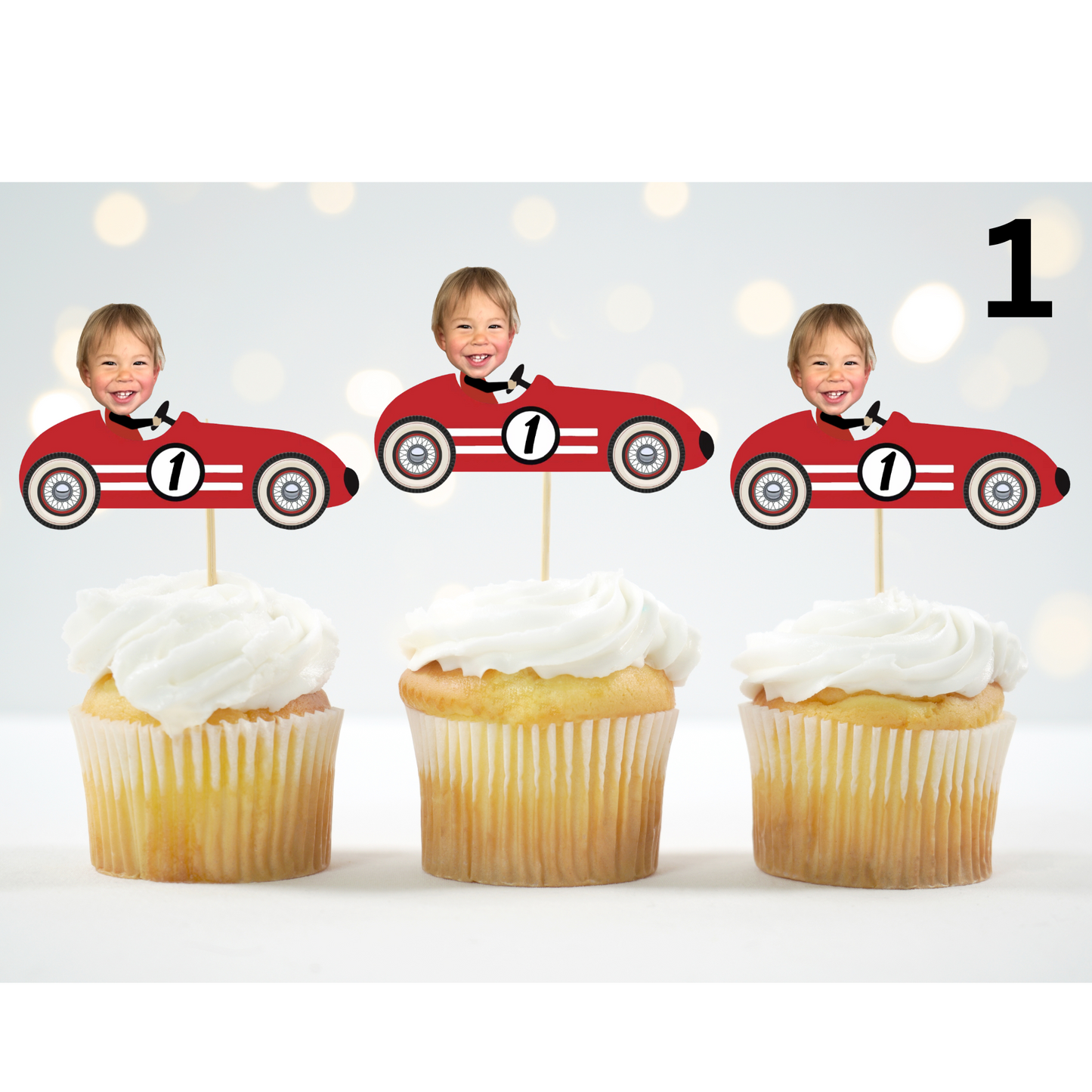Vintage Race Car Stripes Two Fast Cupcake Topper – Personalized Birthday Party Decor