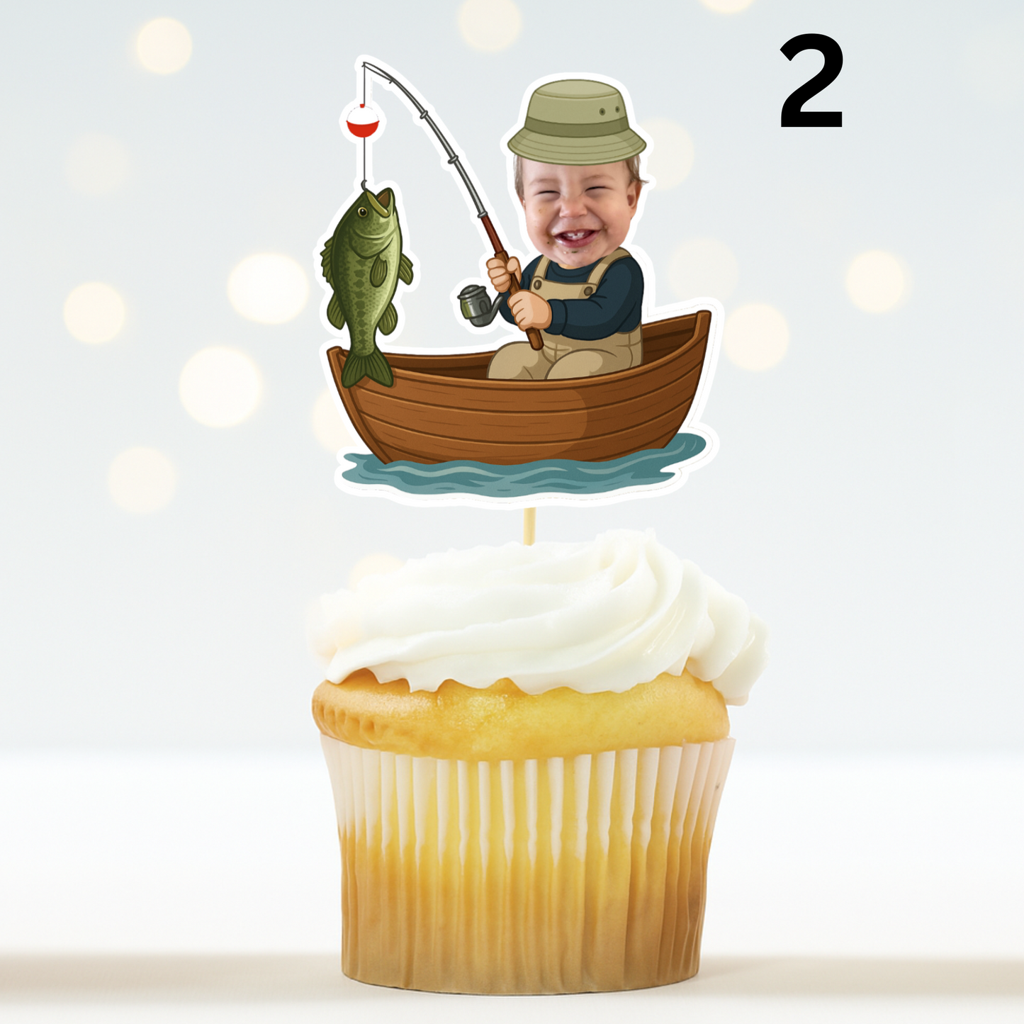 Ofishally One Fishing Cupcake Topper – Custom Face 1st Birthday Decor