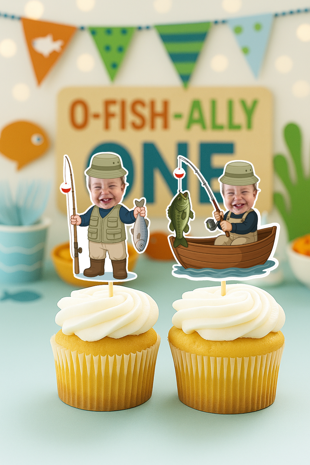 Ofishally One Fishing Cupcake Topper – Custom Face 1st Birthday Decor