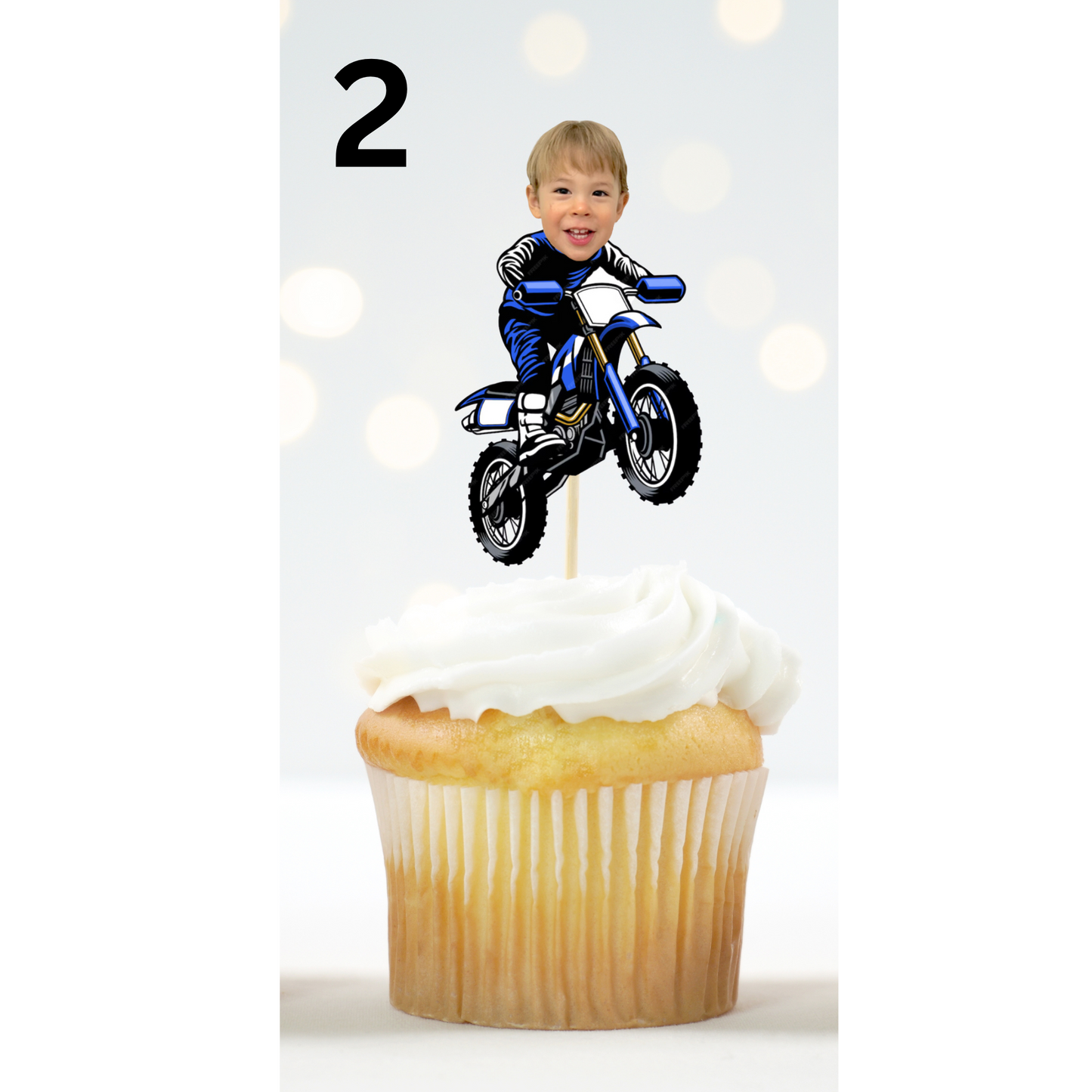 Motorcycle Party Cupcake Topper – Custom Photo Face Dirt Bike Topper