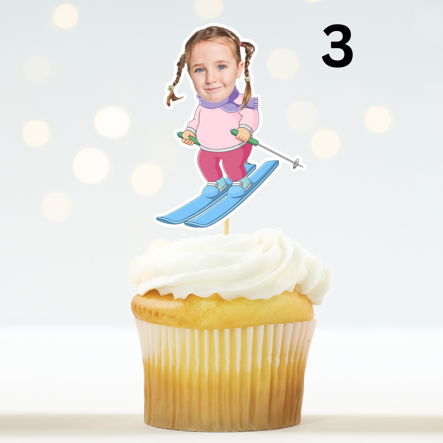 Ski Theme Birthday Cupcake Topper – Custom Face Winter Party Decor