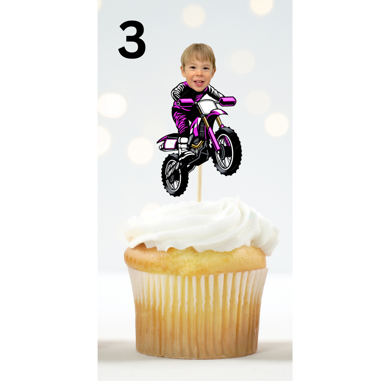 Motorcycle Party Cupcake Topper – Custom Photo Face Dirt Bike Topper