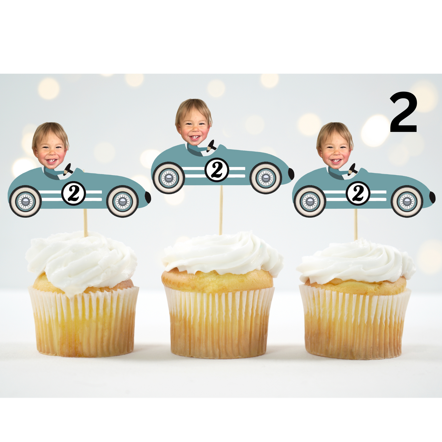 Vintage Race Car Stripes Two Fast Cupcake Topper – Personalized Birthday Party Decor