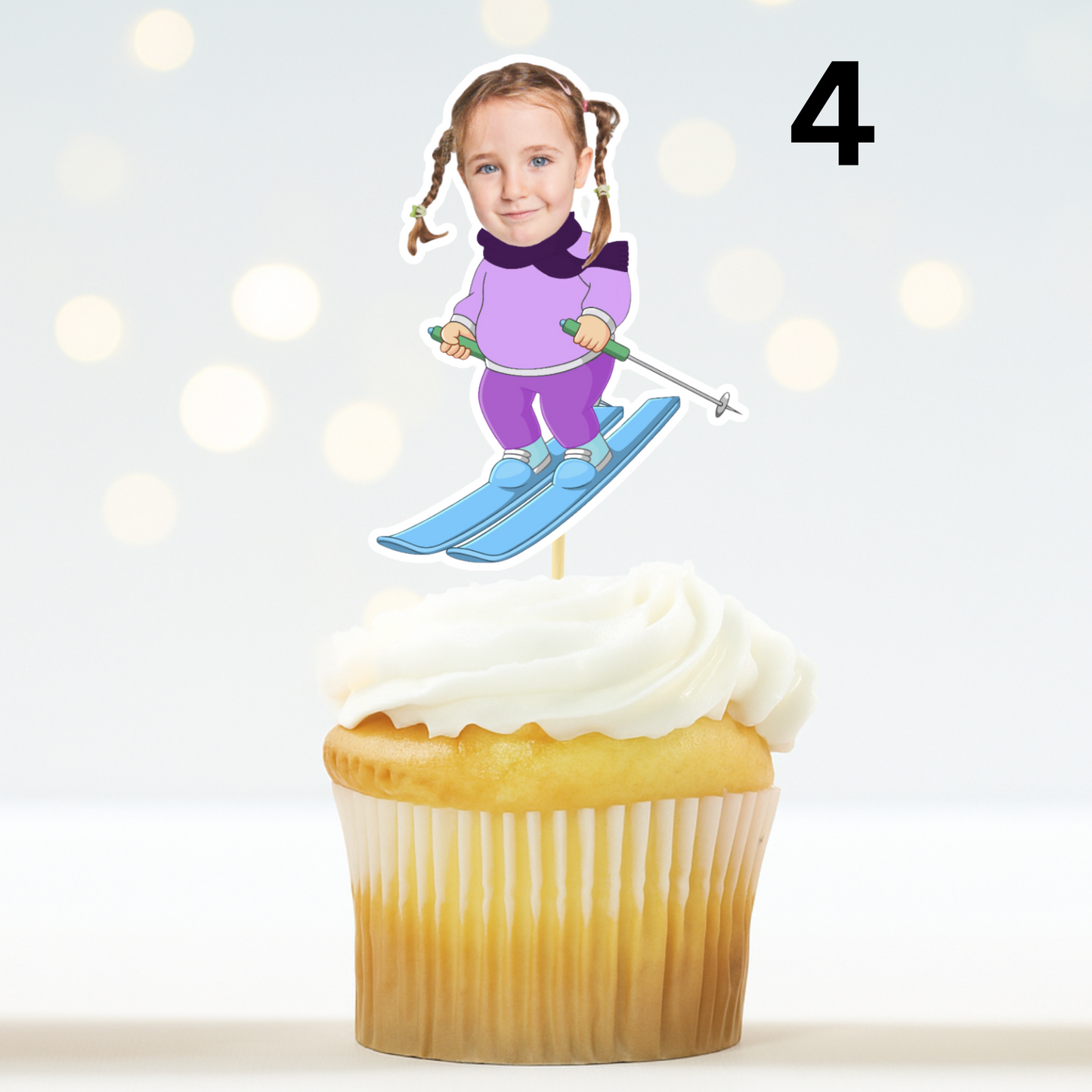 Ski Theme Birthday Cupcake Topper – Custom Face Winter Party Decor
