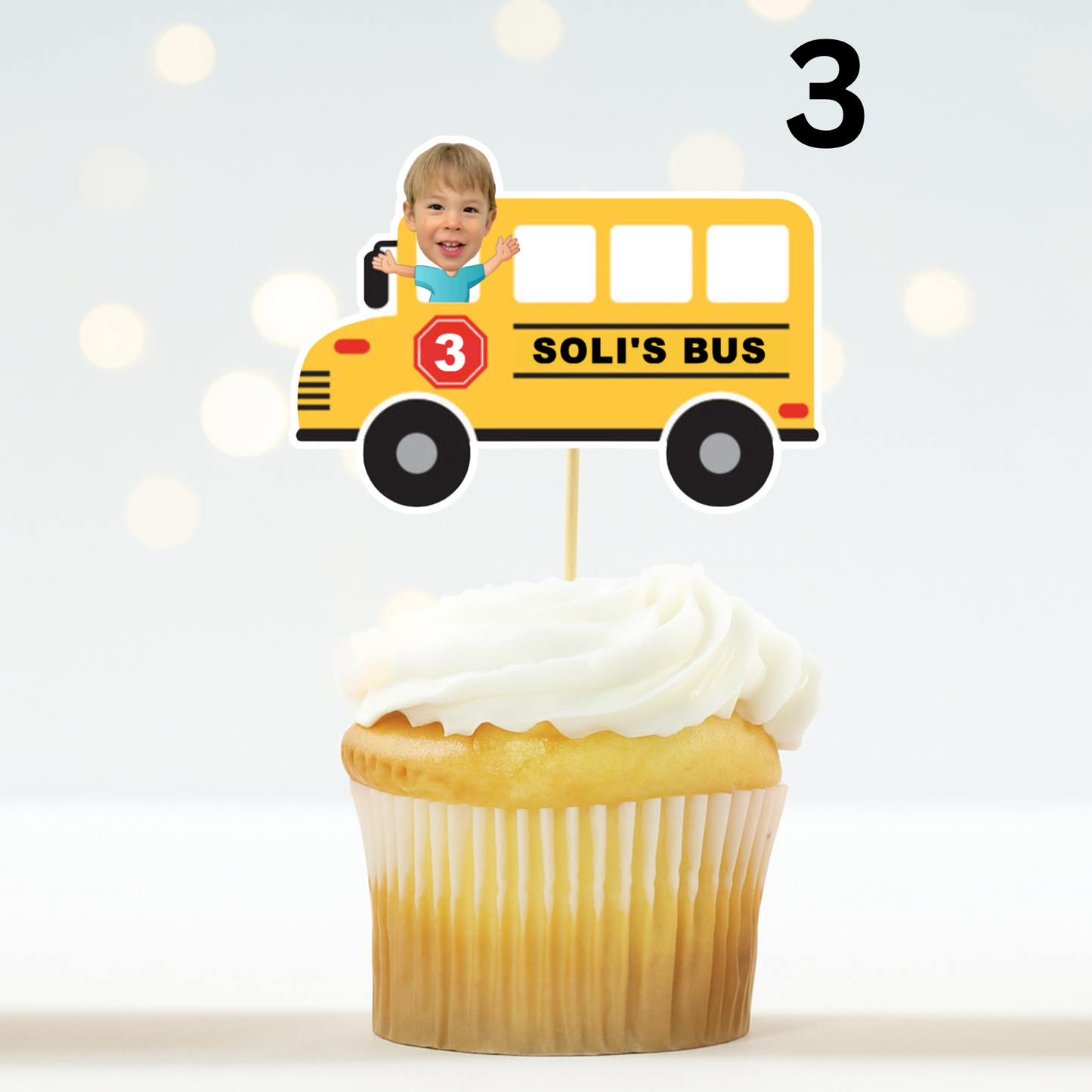 Personalized School Bus Cupcake Toppers – Wheels on the Bus Party