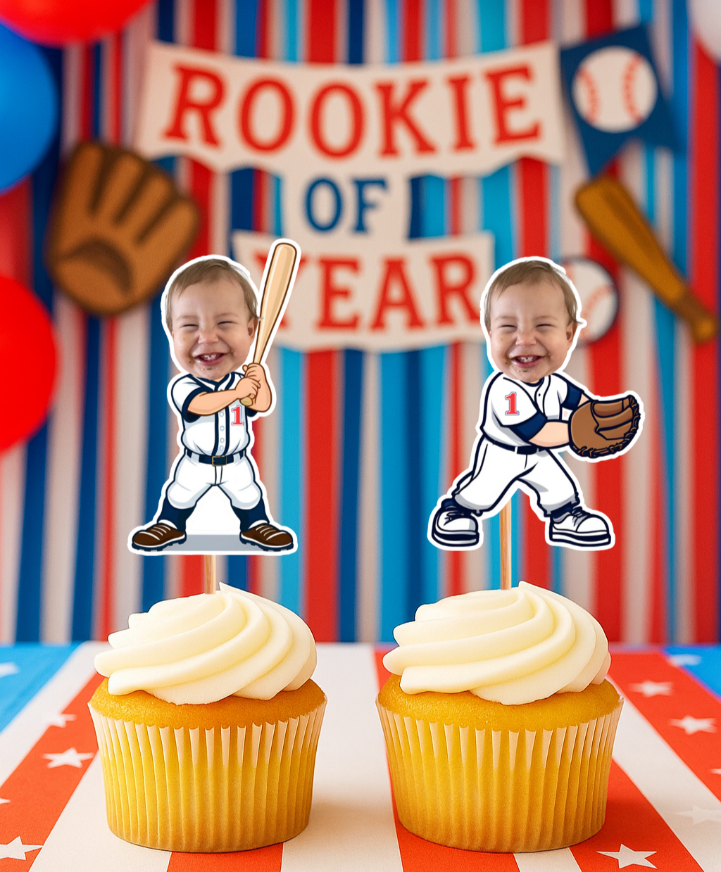 Custom Baseball Cupcake Topper – Rookie of the Year 1st Birthday Party Decor