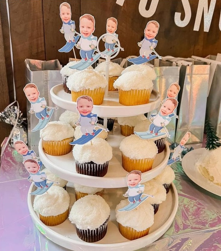 Ski Theme Birthday Cupcake Topper – Custom Face Winter Party Decor