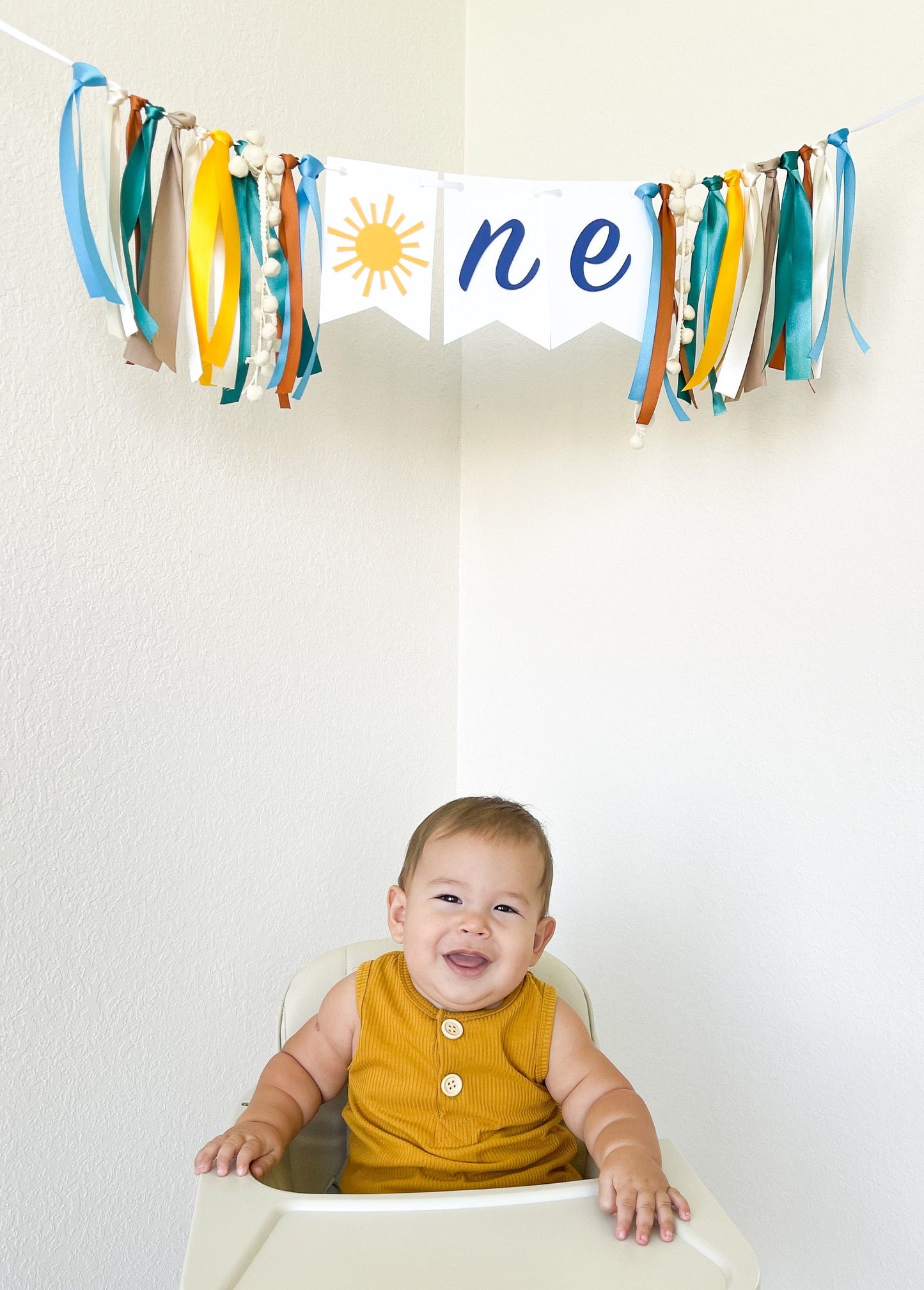 Blue Sunshine High Chair Banner – Boy’s 1st Birthday Decor