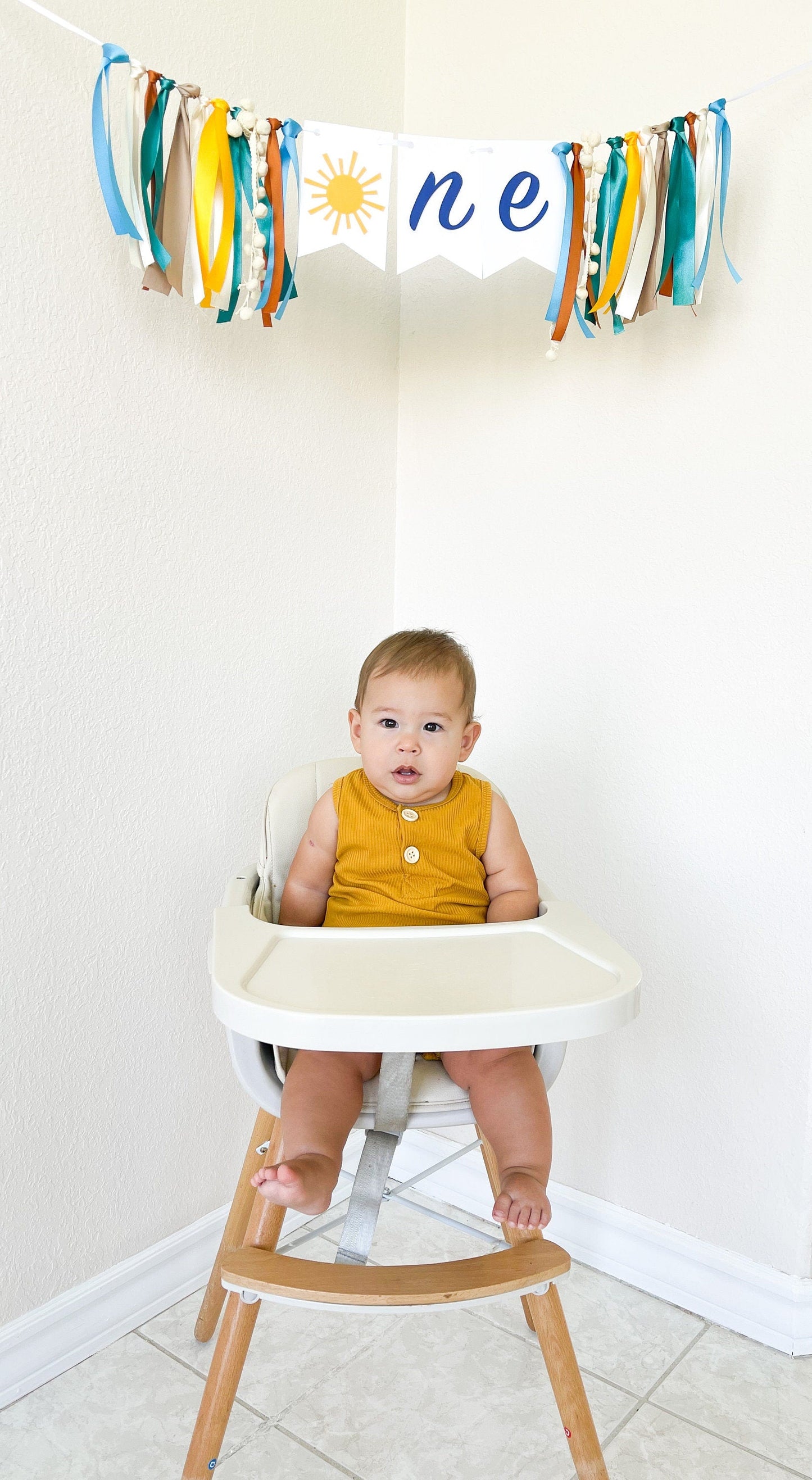 Blue Sunshine High Chair Banner – Boy’s 1st Birthday Decor