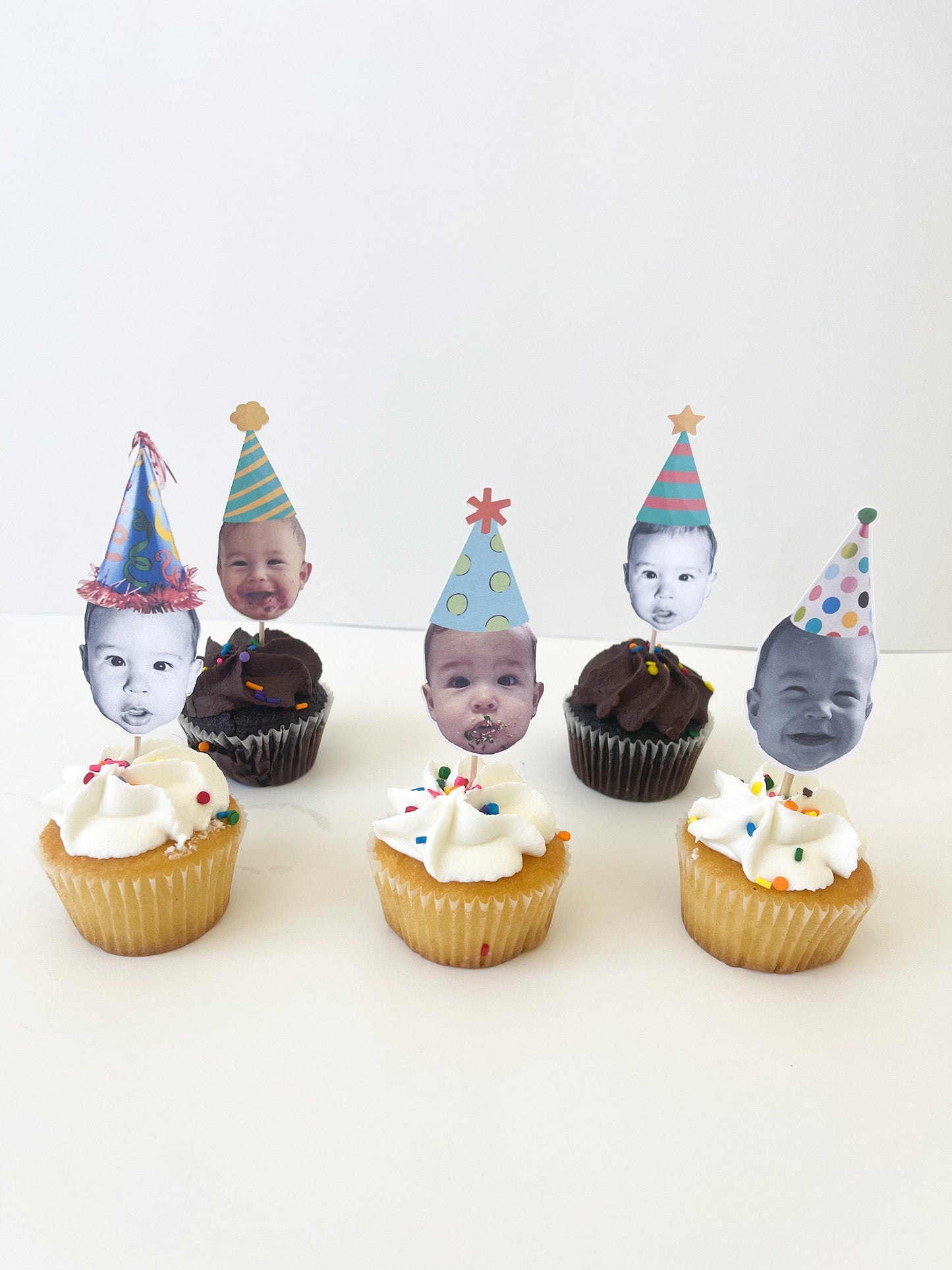 Custom Birthday Hat Face Photo Cupcake Toppers – Dog Party Decor
