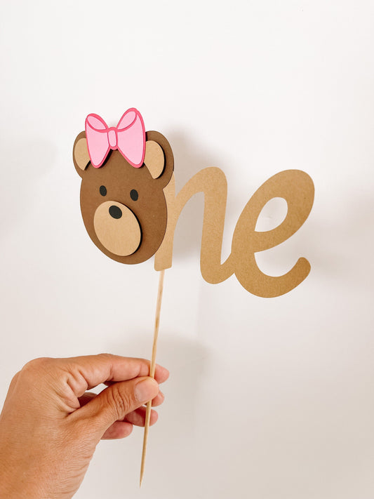 Pink Bow Bear Cake Topper – Girl’s 1st Birthday Decor