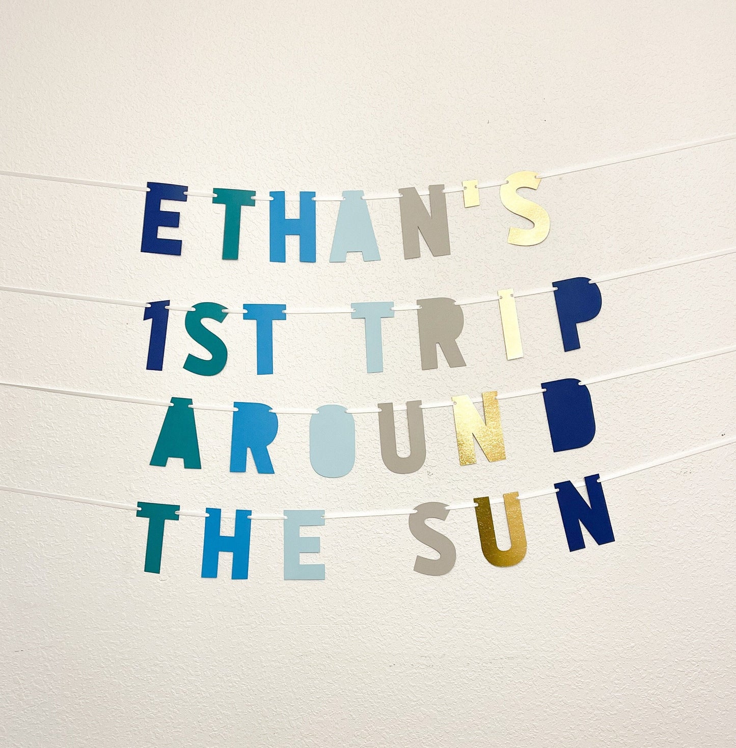 1st Trip Around the Sun Banner – Blue & Gold First Birthday Party Decoration