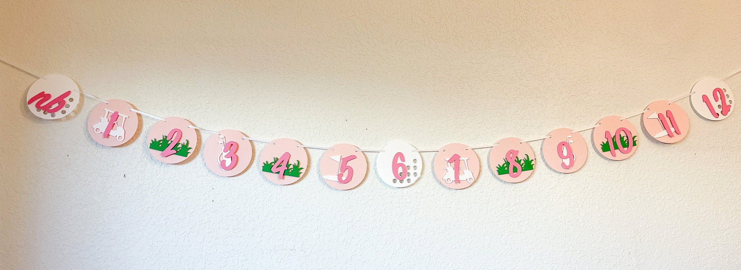 Golf Milestone Banner – Pink 12 Month Photo Display for First Birthday