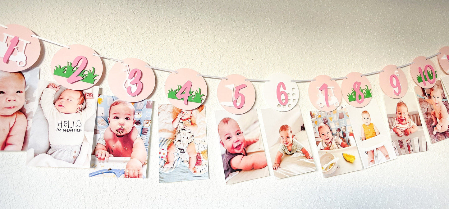 Pink golf monthly photo banner for girl’s first birthday