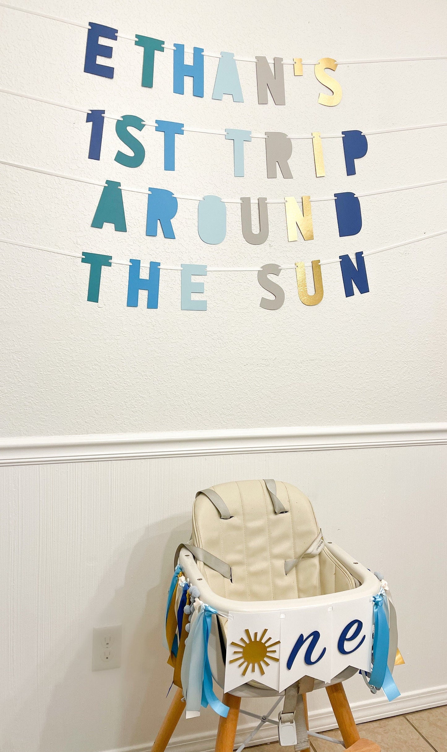 1st Trip Around the Sun Banner – Blue & Gold First Birthday Party Decoration