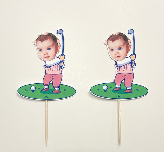 Personalized Girl Pink Golfer Cupcake Toppers | Hole in One Party Decorations