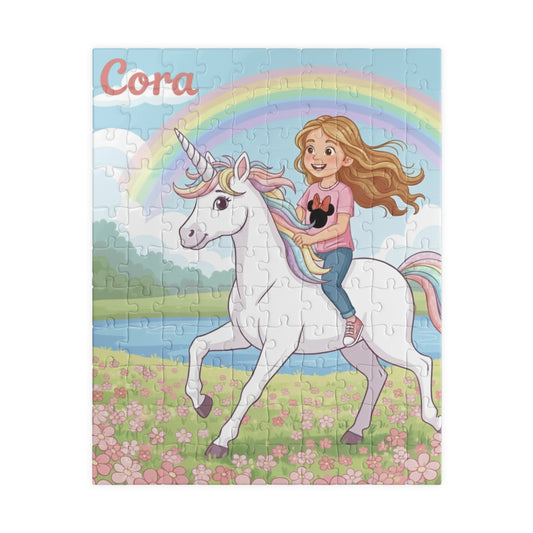Girl Riding Unicorn Puzzle | Personalized Name Rainbow Jigsaw