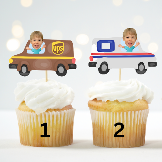 custom mail truck cupcake topper with photo