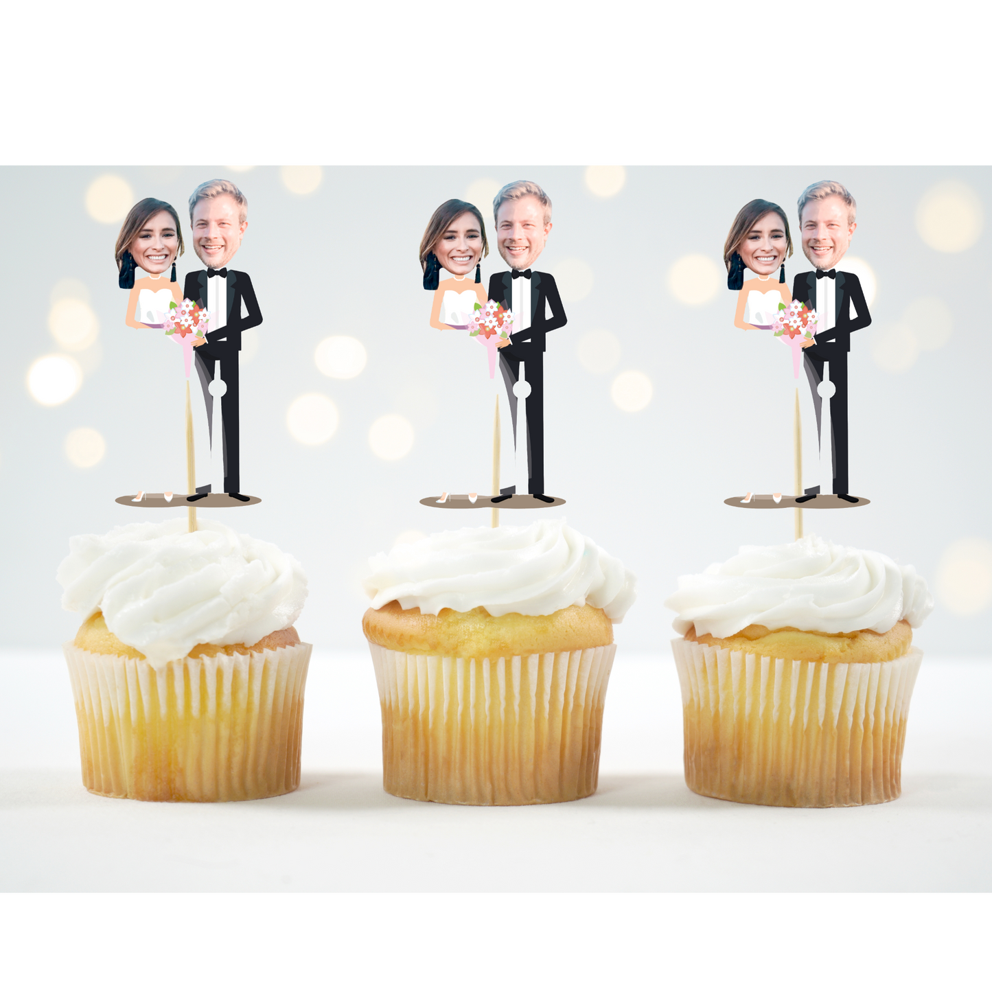 custom bride and groom cupcake toppers with face photo