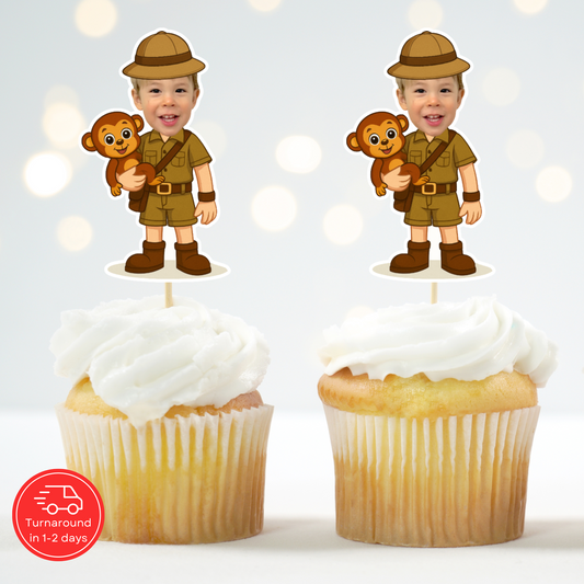 Custom Photo Safari Explorer with Monkey Cupcake Topper – Personalized Jungle Birthday Party Decoration
