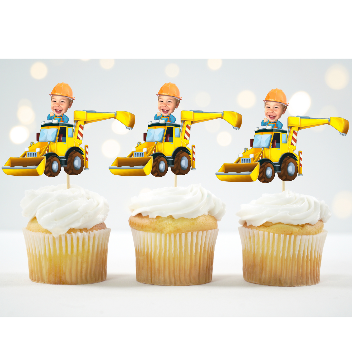 Excavator Cupcake Topper with Custom Photo – Construction Theme Party