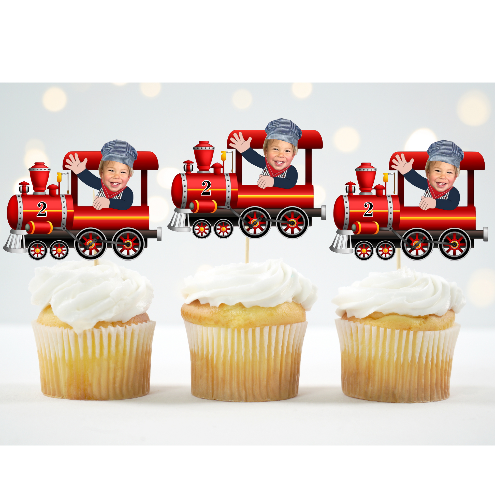 custom train engineer cupcake topper with child photo