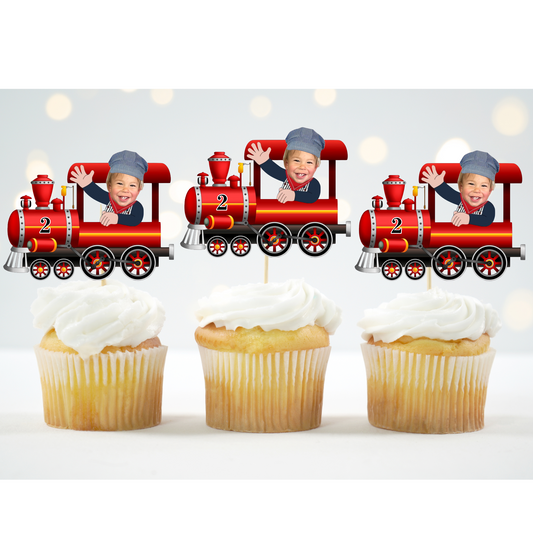 custom train engineer cupcake topper with child photo