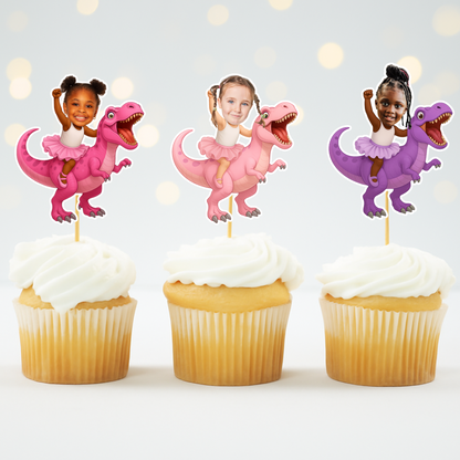 Custom Girl Riding Dinosaur Cupcake Toppers with Photo - Tea Rex theme - Girl Three Rex - Pink Birthday Party Decor