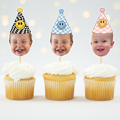 Custom Happy Dude Birthday Hat Cupcake Toppers - Face Photo Party Decoration