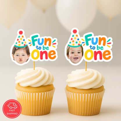 Fun to Be One Cupcake Toppers with Photo, Custom Face 1st Birthday Party Decorations, Personalized First Birthday Cupcake Toppers