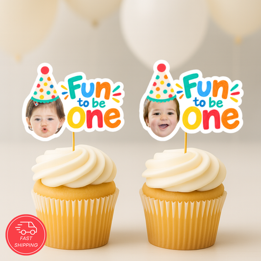Fun to Be One Cupcake Toppers with Photo, Custom Face 1st Birthday Party Decorations, Personalized First Birthday Cupcake Toppers