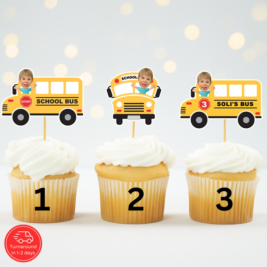Personalized School Bus Cupcake Toppers – Wheels on the Bus Party